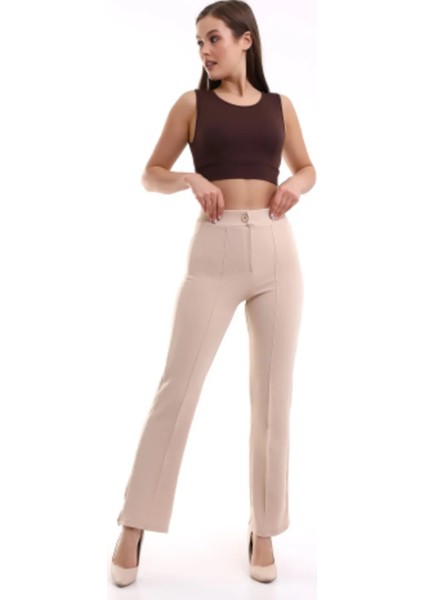 Yüksek Bel Krep Kumaş Likralı Krem Palazzo Pantolon indirimleri