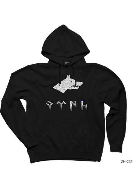 Kurtlu Göktürkçe Türk Siyah Kapşonlu Sweatshirt Hoodie