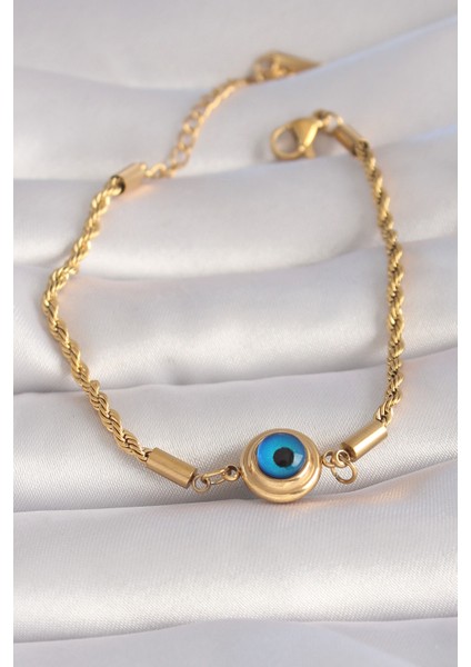 316L Çelik Gold Renk Burgu Zincir Nazar Boncuk Model Kadın Bileklik - TJ-BB5995