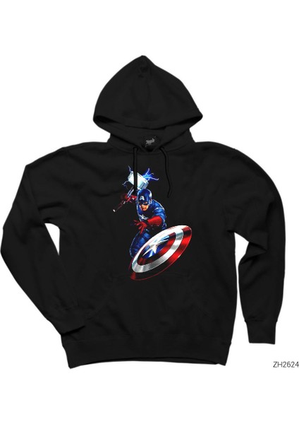 Captain America Mjolnir And Shield Siyah Kapşonlu Sweatshirt Hoodie