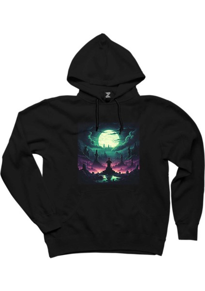 Cemetery Illuminated By An Aurora Siyah Kapşonlu Sweatshirt Hoodie