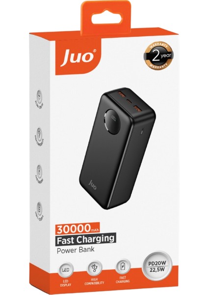30000MAH 22.5W Dijital LED Ekranlı Taşınabilir Hızlı Şarj Cihazı Powerbank Siyah