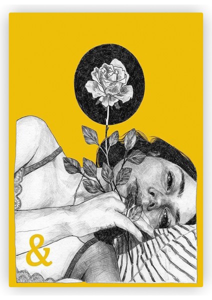 Çiçek ve Kadın Illüstrasyon Ahşap Poster 20 x 29 cm