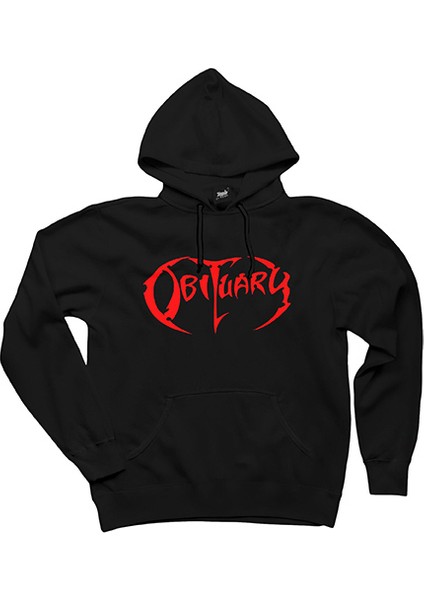 Obituary Logo Red Siyah Kapşonlu Sweatshirt Hoodie