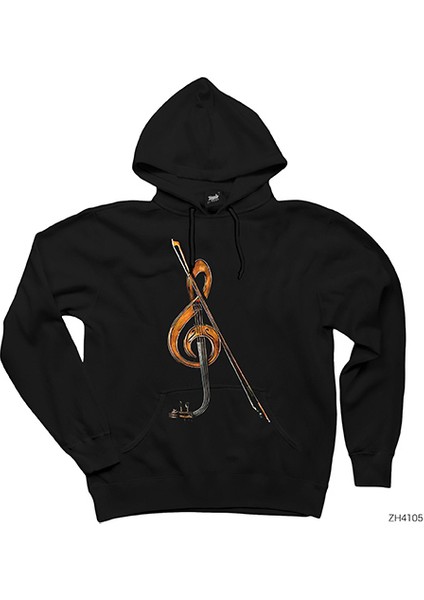 Sol Anahtarı ve Keman Siyah Kapşonlu Sweatshirt Hoodie