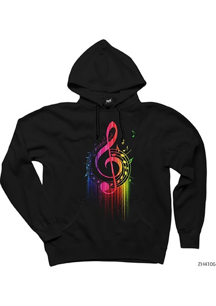 Sol Anahtarı ve Notalar Siyah Kapşonlu Sweatshirt Hoodie