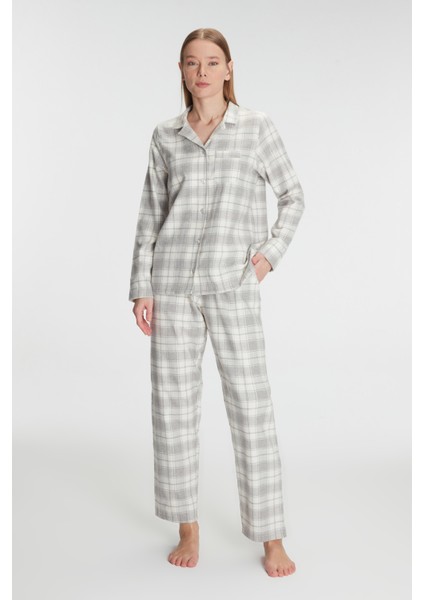 11252 Kadın Kare Desenli Pamuklu Gömlek Pijama Takımı