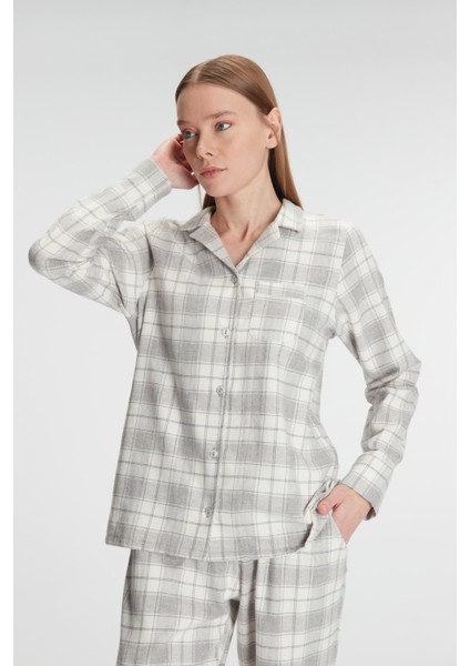 11252 Kadın Kare Desenli Pamuklu Gömlek Pijama Takımı
