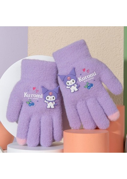 Kuromi Mor Örme Yün Eldiven Parmak Ucu Pembe 3-7 Yaş