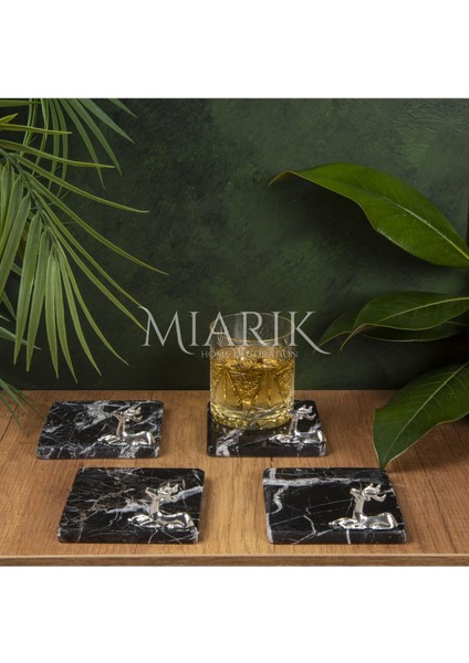 Mermer Bardak Altlığı 4'lü Kare Sıyah Renk Pırınç Sılver Ceylan Aksesuarlı