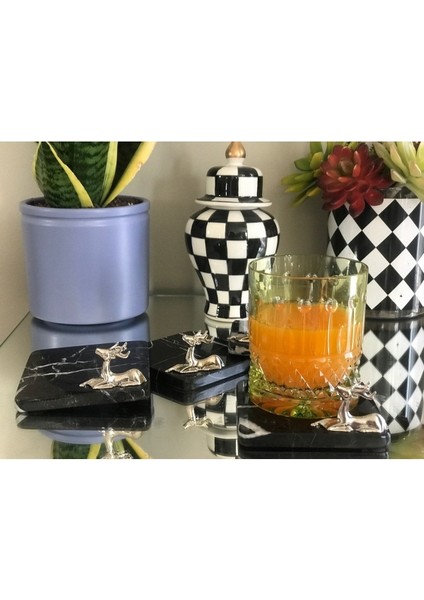 Mermer Bardak Altlığı 4'lü Kare Sıyah Renk Pırınç Sılver Ceylan Aksesuarlı fiyatları