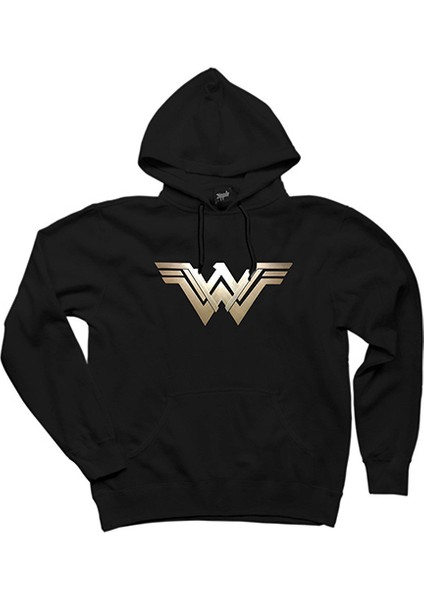 Wonder Woman Metal Logo Siyah Kapşonlu Sweatshirt Hoodie