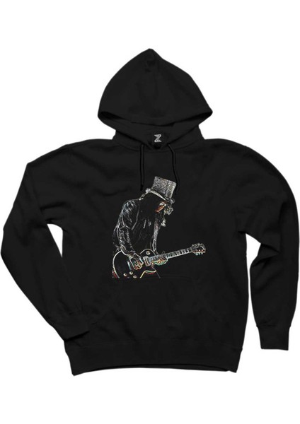 Slash Siluet Guitar Siyah Kapşonlu Sweatshirt Hoodie