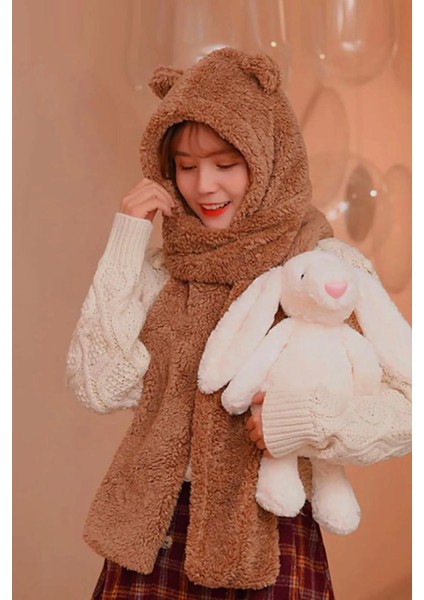 Kapüşonlu Camel Peluş Bere Atkı Kadın Welsoft Polar Boyunluk Şalı Rüzgar Geçirmez Kulaklı Şapka