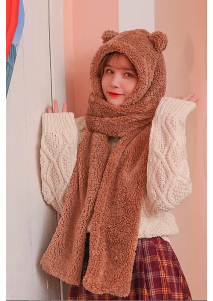 Kapüşonlu Camel Peluş Bere Atkı Kadın Welsoft Polar Boyunluk Şalı Rüzgar Geçirmez Kulaklı Şapka modelleri