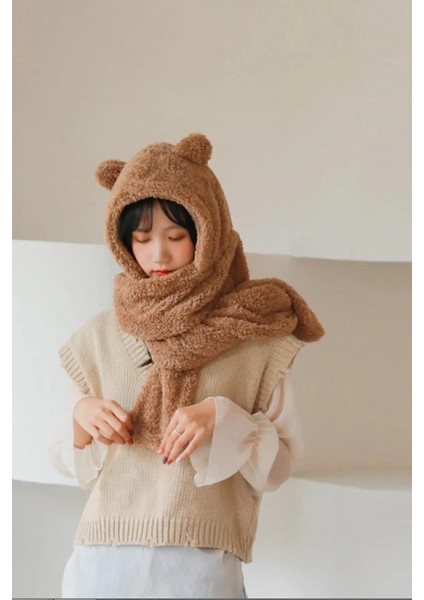 Kapüşonlu Camel Peluş Bere Atkı Kadın Welsoft Polar Boyunluk Şalı Rüzgar Geçirmez Kulaklı Şapka fırsatları