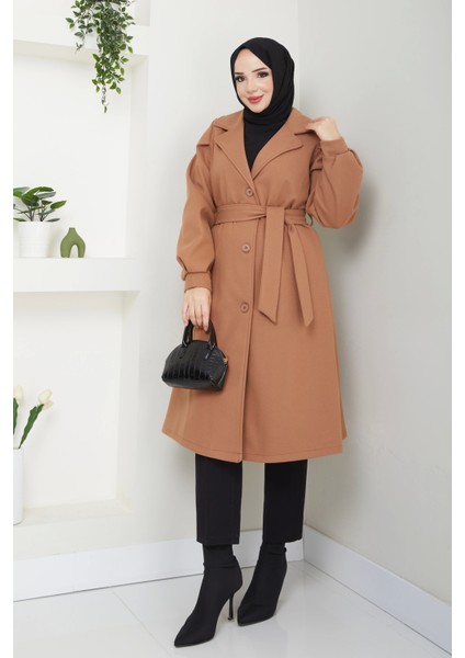 Kruvaze Yaka Balon Kol Kaşe Kaban