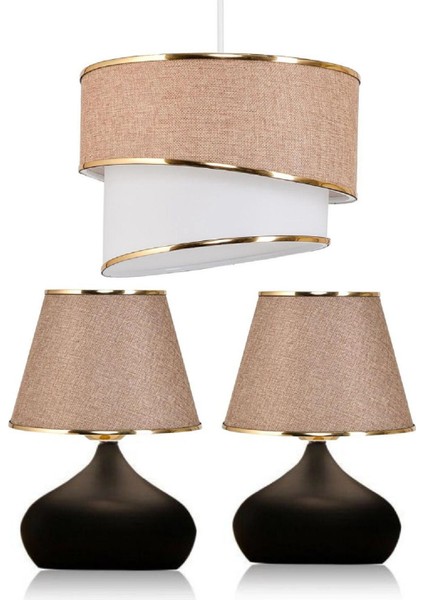 Aydınlatma Seti 2 Adet Elips Masa Abajuru 1 Adet Sarkıt Kumaş Avize