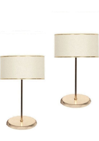 2 Adet Gold Kaplama Sarı Şeritli Masa Abajuru Yatak Başı Abajuru Krem Renk