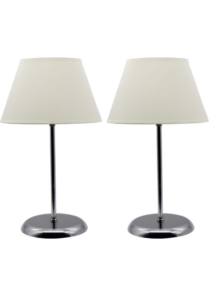 2 Adet Krem Kumaş Şapkalı Krom Kaplamalı Masa Lambası