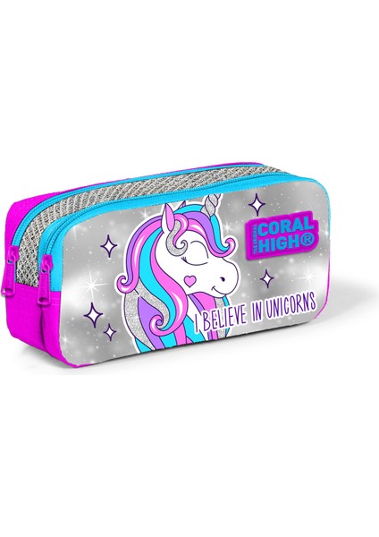 Pembe Gümüş Simli Unicorn Desenli Iki Bölmeli Kalem Çantası ve Thermo Beslenme Çantası