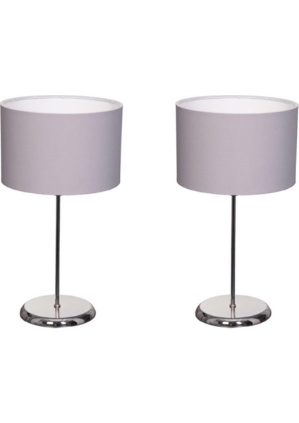 2 Adet Gri Kumaş Şapkalı Krom Kaplamalı Metal Ayak Abajur