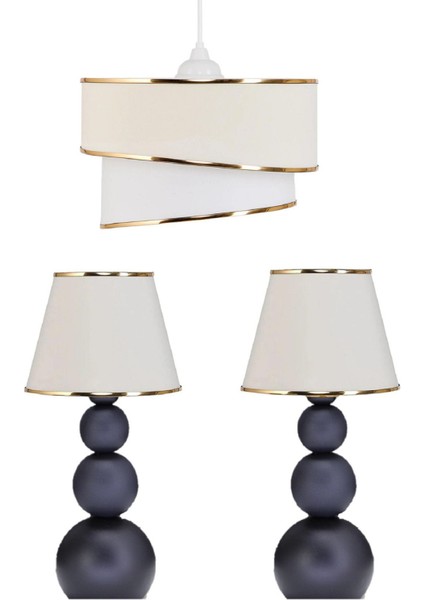 3 Adet Aydınlatma Seti 1 Adet Avize 2 Adet Abajur Kumaş Başlık Metal Ayak