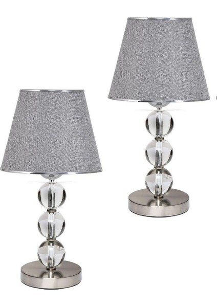 2 Adet Cam Gövdeli Krom Ayaklı Kumaş Başlıklı Dekoratif Masa Gece Lambası