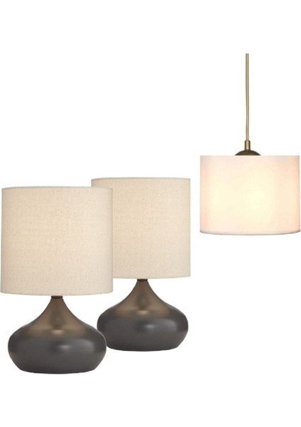 2 Adet Krem Kumaş Şapkalı Metal Elips Masa Lambaları 1 Adet Salon Avize