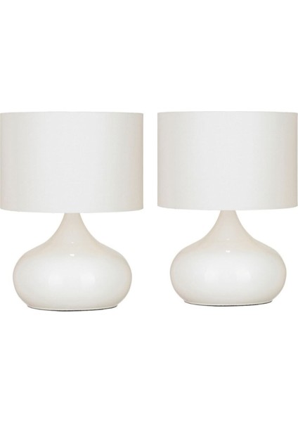 2 Adet Beyaz Elips Masa Komidin Vitrin Abajur Beyaz Kumaş Başlık Beyaz Metal Ayak