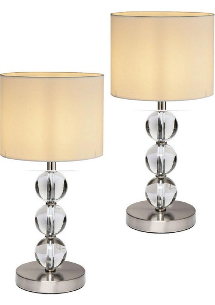2 Adet Cam Gövdeli Krom Ayaklı Kumaş Başlıklı Dekoratif Masa Gece Lambası