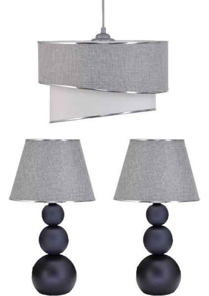 3 Adet Aydınlatma Seti 1 Adet Avize 2 Adet Abajur Kumaş Başlık Metal Ayak