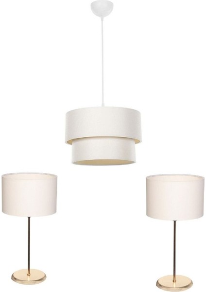 Oda Seti Masa Abajur ve Sarkıt Avize Gold Kaplama Ayak Krem Kumaş Başlık