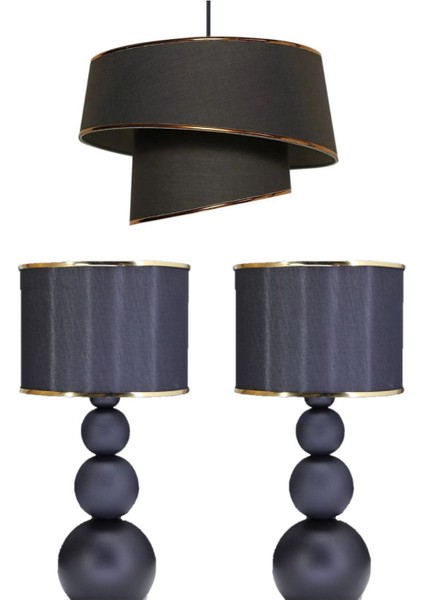 3 Adet Aydınlatma Seti 1 Adet Avize 2 Adet Abajur Kumaş Başlık Metal Ayak