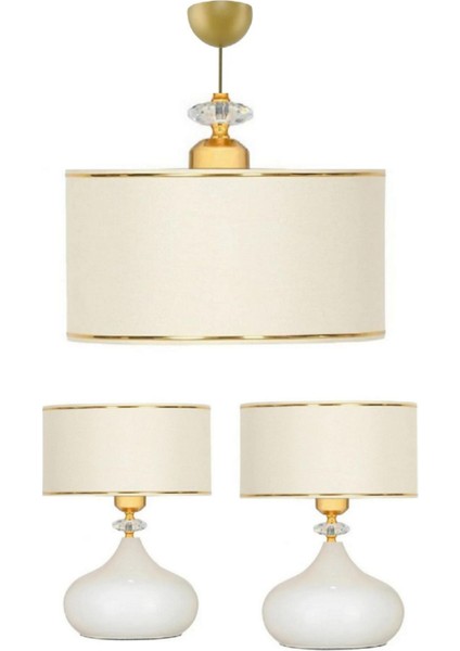 1 Adet Avize 2 Adet Full Beyaz Gold Şeritli Elips Masa Abajuru