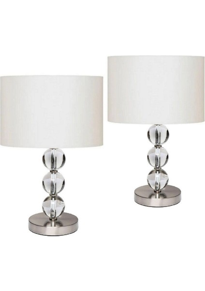 2 Adet Cam Gövdeli Krom Ayaklı Kumaş Başlıklı Dekoratif Masa Gece Lambası