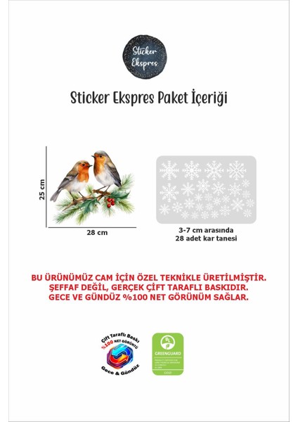 Çift Taraflı Baskılı Kış Kuşları ve Kar Taneleri Yeni Yıl Yılbaşı Cam Sticker Seti Yılbaşı Süsü