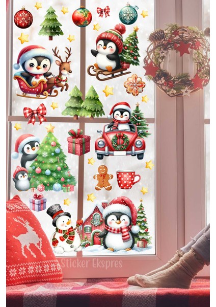 Sevimli Penguenler Yeni Yıl Yılbaşı Süsü Cam Kapı Duvar Yılbaşı Sticker Seti