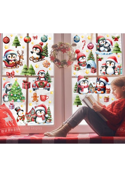 Sevimli Penguenler Yeni Yıl Yılbaşı Süsü Cam Kapı Duvar Yılbaşı Sticker Seti
