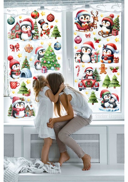Sevimli Penguenler Yeni Yıl Yılbaşı Süsü Cam Kapı Duvar Yılbaşı Sticker Seti