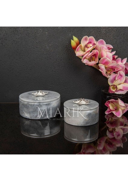 Gri Mermer Pirinç Kulplu 2 Li Dekoratif Kutu