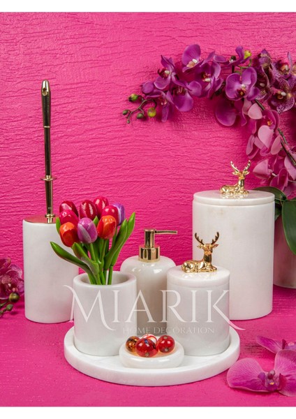 Dekoratif Beyaz Mermer Geyik Aksesuar Detaylı 7 Li Banyo Seti Takımı