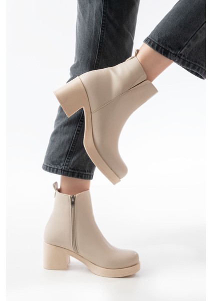 5109-3057 Bej Lastikli Fermuarlı Kalın Topuklu Günlük Kadın Bot modelleri