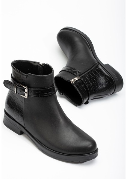 Siyaha Kroko Toka Aksesuarlı Fermuarlı Günlük Kadın Bot