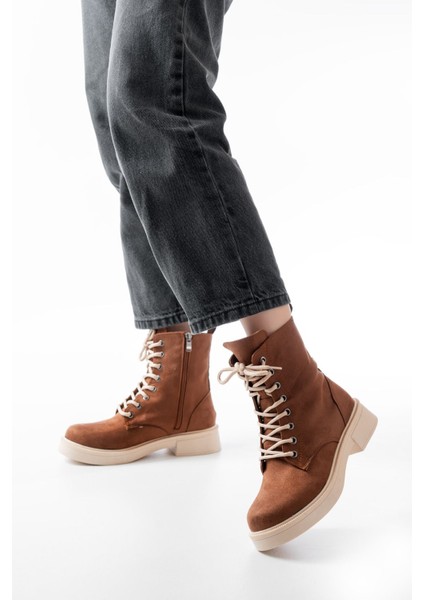 02-356 Taba Süet Düz Topuklu Bağcıklı Fermuarlı Günlük Kadın Bot