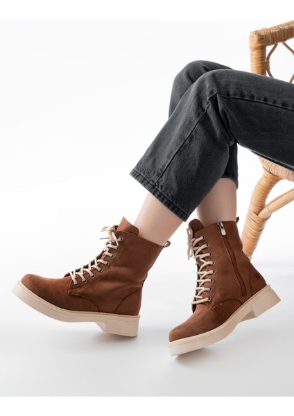 02-356 Taba Süet Düz Topuklu Bağcıklı Fermuarlı Günlük Kadın Bot fiyatları