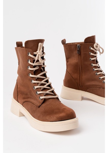 02-356 Taba Süet Düz Topuklu Bağcıklı Fermuarlı Günlük Kadın Bot fırsatları