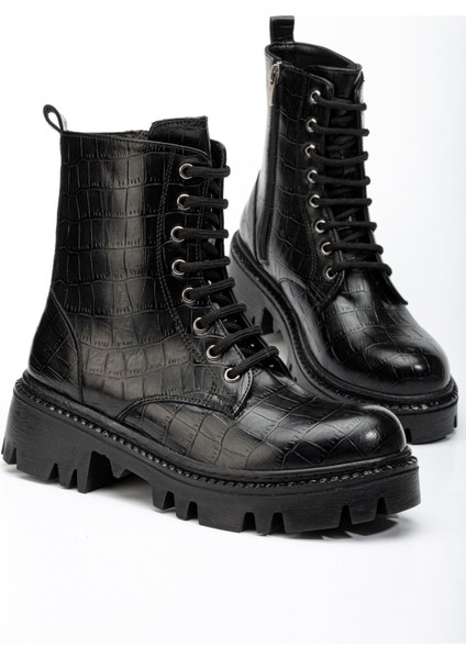 868-2289 Siyah Kroko Bağcıklı Fermuarlı Günlük Kadın Bot indirimleri