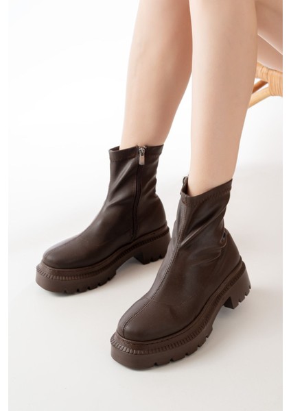 236-2011 Kahve Streç Fermuarlı Günlük Kadın Bot modelleri