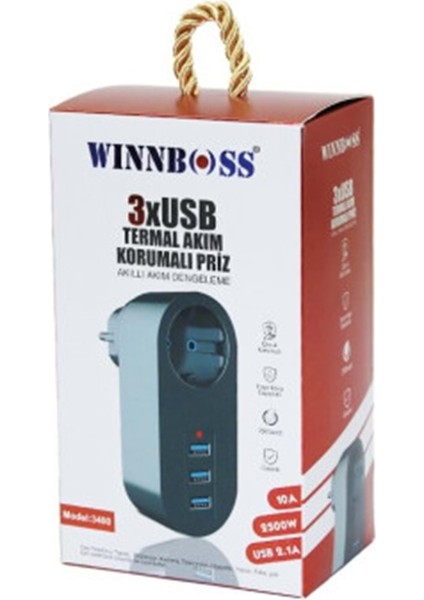 WINNBOSS-3400 Siyah Termal Akım Korumalı 1 Priz 3 USB Duvar Tipi Priz 10A & 2500W 323082